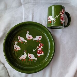 Waechtersbach W Germany Child's Green Ceramic Girl & Geese Bowl/Plate & Mug Set
